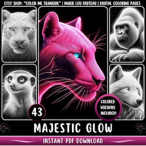 43 &quot;Majestic Glow&quot; Printable Grayscale Coloring Pages for Adults | Beautiful Animals | Realistic Animals | Glowing | Wild Animals | PDF
