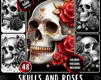 May include: A digital coloring page set featuring 48 printable designs of sugar skulls and roses. The set includes both light and dark versions, as well as grayscale versions. The image shows a colorful sugar skull with roses, a black and white sugar skull with roses, and a grayscale sugar skull with roses.