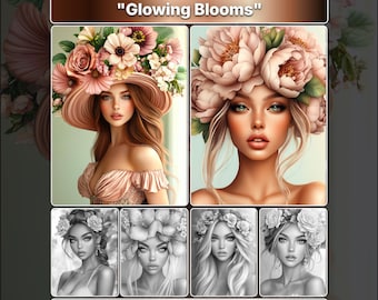 Glowing Blooms Grayscale Coloring Book for Adults, Fantasy Women's Portraits (Digital Download)