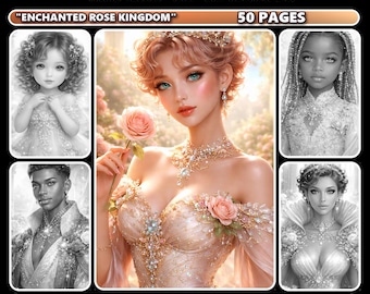 Enchanted Rose Kingdom Grayscale Coloring Book for Adults, Realistic Portraits (Digital Download)