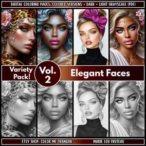 20 &quot;Elegant Faces&quot; Pages Grayscale Portrait Coloring Book | Beautiful Women Faces | Adult Coloring | Bundle | Pack | PDF | Instant Download