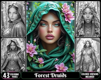 43 &quot;Forest Druids&quot; Grayscale Coloring Pages for Adults | Beautiful Women | Black Women | Fantasy | Realistic | Portraits | PDF