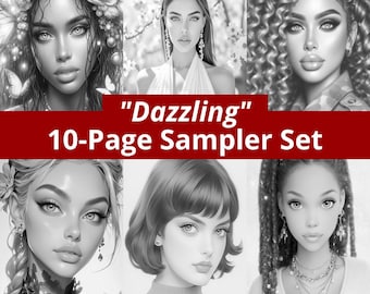Realistic Portraits Grayscale Coloring Pages – 10-Page Sampler (Digital Download) - Dazzling