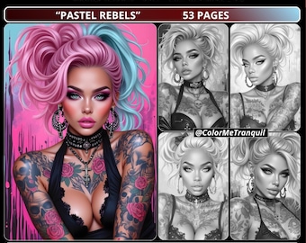 Grayscale Coloring Pages for Adults – Black Women with Tattoos, Flowers (PDF) - Pastel Rebels