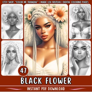 47 &quot;Black Flower&quot; Grayscale Coloring Pages | Beautiful Women | Pretty Girls | Black Girls | African Women | For Adults | Beauties | PDF