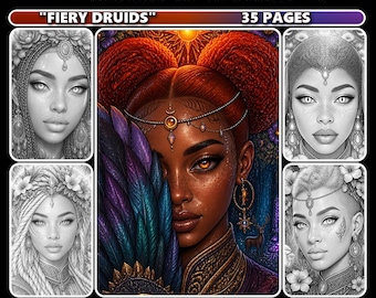 Fiery Druids Grayscale Coloring Book for Adults, (Digital Download)