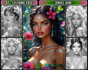 41 &quot;Jungle Rain&quot; Grayscale Coloring Pages for Adults | Beautiful Women | Black Woman | Rain | Jungle | Flowers | Realistic Portraits | PDF