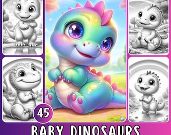 Dibujos para colorear de bebés dinosaurios con 45 ilustraciones en escala de grises (descarga en PDF) - Bebés dinosaurios