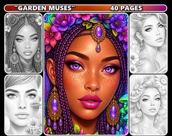 Garden Muses No. 2 Grayscale Coloring Book for Adults, Realistic Portraits (Digital Download)