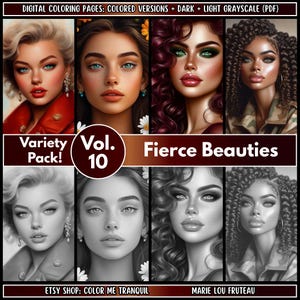 20 &quot;Fierce Beauties&quot; Pages Grayscale Portrait Coloring Book | Beautiful Women Faces | Adult Coloring PDF | Instant Download