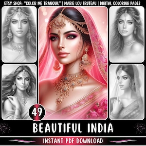 49 &quot;Beautiful India&quot; Grayscale Coloring Pages | Beautiful Women | Pretty Girls | Indian Women | Indian Girls |   Saree | For Adults | PDF