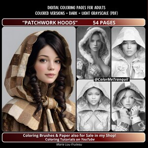 Könnte beinhalten: Digitale Malvorlagen für Erwachsene mit "Patchwork Hoods" mit 54 Seiten. Das Bild enthält farbige Versionen, dunkle und helle Graustufenoptionen im PDF-Format. Das Bild enthält auch ein Porträt einer Frau mit einer Patchwork-Kapuze.