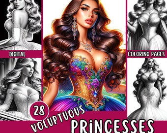 28 páginas para colorear de princesas voluptuosas / Libro para colorear en escala de grises para adultos / Princesas y reinas / Mujeres hermosas / Descarga instantánea en PDF