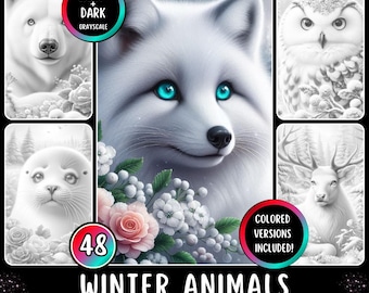48 Realistic Winter Animals Grayscale Coloring Pages (Printable PDF)