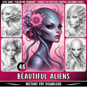 May include: A digital coloring book featuring 48 illustrations of beautiful alien women. The cover image shows a woman with blue skin, pink flowers in her hair, and a pink background. The text "48 Beautiful Aliens" and "Instant PDF Download" is also visible.