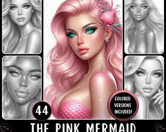 Mermaid Grayscale Coloring Pages featuring Fantasy Portrait Art (Printable PDF)