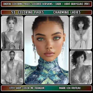 53 &quot;Charming Ladies&quot; Grayscale Coloring Pages for Adults | Beautiful Women | Pretty Girls | Black Girls | Realistic Portraits | Modern | PDF