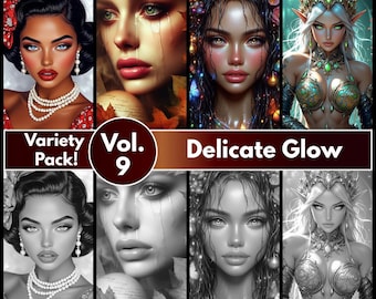 Dibujos para colorear en escala de grises para adultos: retratos de fantasía y realistas (descarga digital) - Delicate Glow