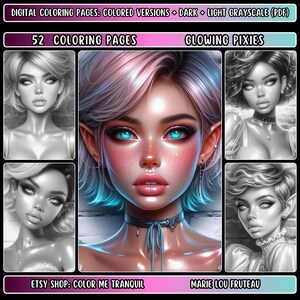 Puede incluir: Un libro de colorear digital que presenta una ilustración en escala de grises de una mujer con ojos azules brillantes y cabello rosado. El título del libro es "Glowing Pixies" y el texto "52 Coloring Pages" también es visible. El libro está disponible para comprar en Etsy en la tienda "Color Me Tranquil".