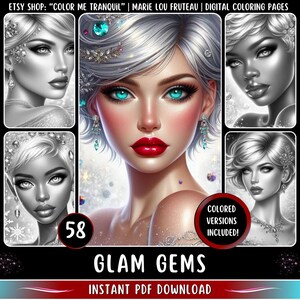 Puede incluir: Una página para colorear digital que presenta a una mujer glamorosa con cabello blanco y ojos azules. La imagen está en blanco y negro con un borde rojo y texto que dice "Glam Gems" y "Descarga instantánea de PDF".