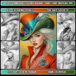 40 "The Hat Society" grijstinten kleurplaten voor volwassenen | Mooie vrouwen | Elegante vrouw | Hoge hoed | Veren | Vintage | Retro | Portret