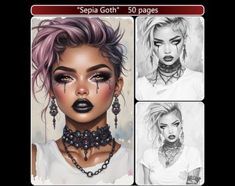 Sepia Goth Girls Coloring Book featuring 50 Grayscale Portraits (Digital Download)