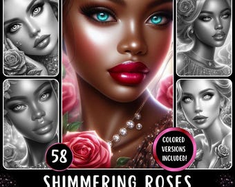Shimmering Roses Grayscale Coloring Pages – Fantasy Portraits (Digital PDF Download)