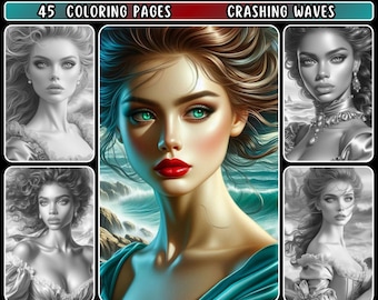 May include: Digital coloring pages featuring a woman with green eyes and red lips, with crashing waves in the background. The image includes colored and grayscale versions, with the text "45 COLORING PAGES" and "CRASHING WAVES". The Etsy shop is "COLOR ME TRANQUIL".