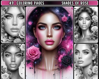 Grayscale Coloring Pages for Adults featuring Fantasy and Realistic themes - "Shades of Rose"