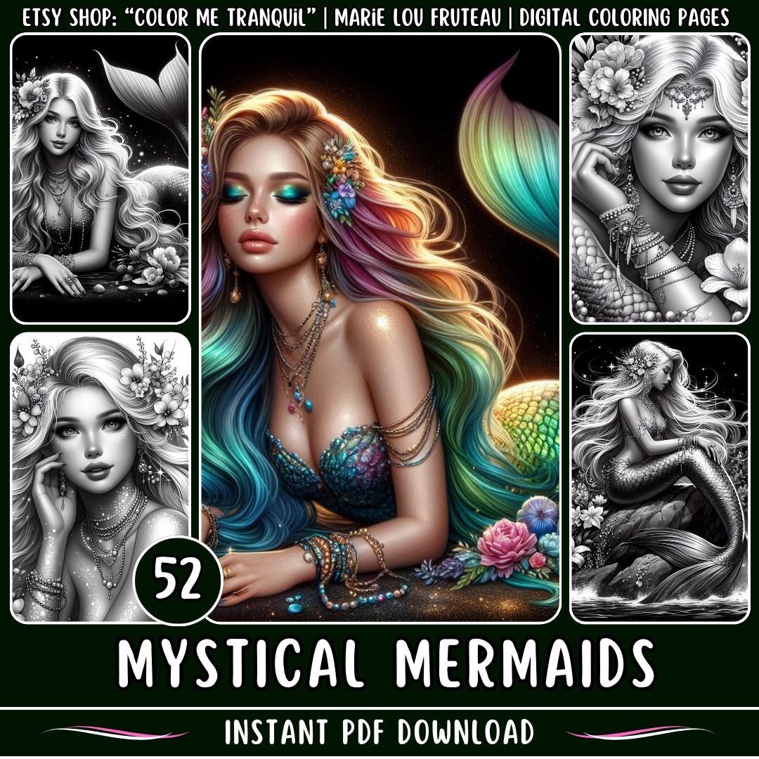 52 "mystical Mermaids" Grayscale Coloring Pages | Beautiful Women ...