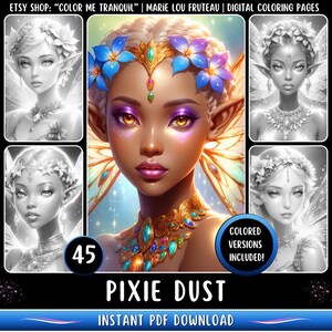 May include: A digital coloring page featuring a fairy with golden wings, a flower crown, and a jeweled necklace. The fairy has brown skin and purple eyeshadow. The image includes the text "PIXIE DUST" and "INSTANT PDF DOWNLOAD".