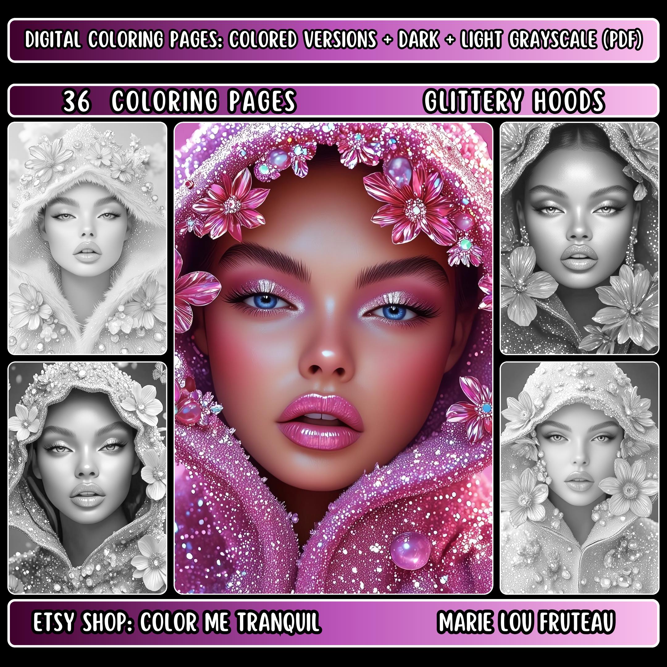 36 "Glittery Hoods" Grayscale Coloring Pages for Adults | Beautiful Women | Black Woman | Sparkles | Glitter | Diamond | Rhinestones | Gems