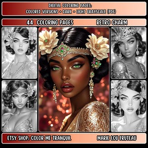 May include: A digital coloring book featuring a woman with dark skin and green eyes wearing a gold headband with jewels and flowers. The image is in black and white and is part of a set of 44 coloring pages. The title of the coloring book is "Retro Charm".