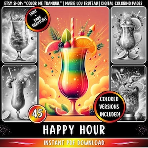 45 &quot;Happy Hour&quot; Grayscale Coloring Pages to Download | Cocktails | Food and Drinks | Dark Grayscale | Light Grayscale | For Adults | PDF