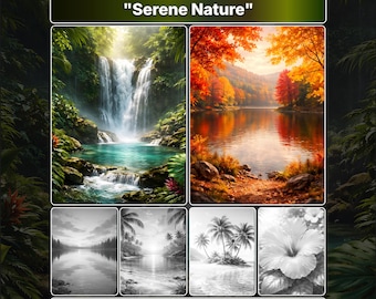 Serene Nature Grayscale Coloring Book for Adults, Realistic Scenery and Landscapes (Digital Download)