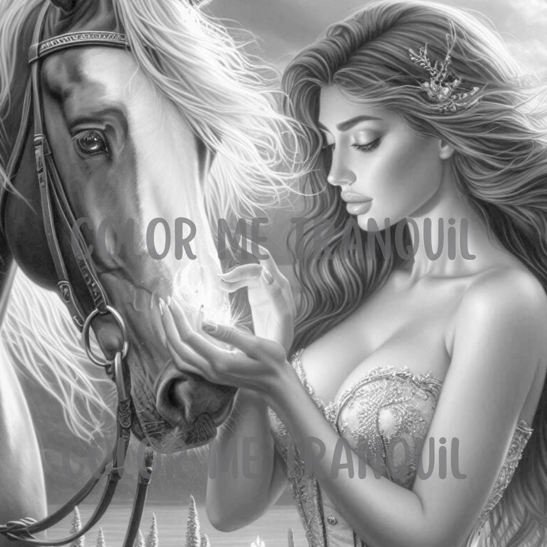 大人向けの「ホース・ウィスパラー」の印刷可能なグレースケールぬり絵 59 枚 | 美しい女性 | 黒人女性 | 馬 | 魔法の | リアル | PDF  - Etsy 日本, image size:1080x1080