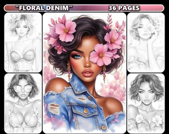 Floral Denim Grayscale Coloring Book for Adults, (Digital Download)