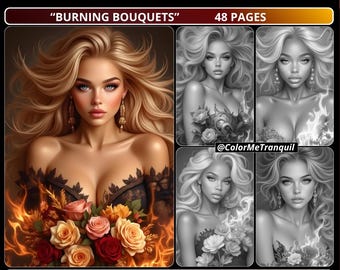 Grayscale Adult Coloring Pages – Fantasy Realism Portraits (Printable PDF) - Burning Bouquets