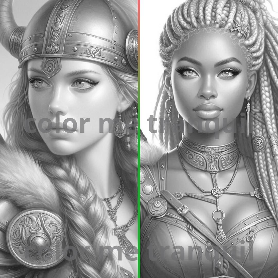 Viking Warriors Grayscale Coloring Pages – 44 Warrior Women Portraits ...