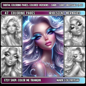 47 &quot;Iridescent Mermaids&quot; Grayscale Coloring Pages for Adults | Beautiful Women | Black Mermaid | Pearls | Glitter | Portraits | PDF