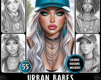 55 &quot;Urban Babes&quot; Printable Grayscale Coloring Pages for Adults | Beautiful Women | Pretty Girls | Black Women | Realistic Portraits | PDF