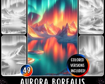 Dibujos para colorear de la aurora boreal con montañas nevadas y un lago (descarga digital)