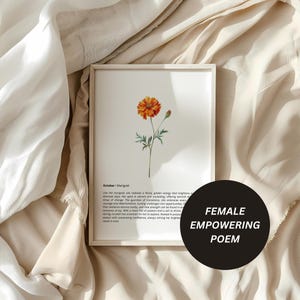 Póster de arte de pared con flores de nacimiento de octubre, poema sobre flores de caléndula, energía femenina y regalo de amor propio para cumpleaños de Libra y Escorpio