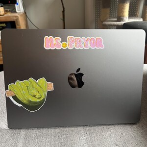 K&ouml;nnte beinhalten: Ein graues Laptop mit zwei Aufklebern. Auf einem Aufkleber steht "MS. PRYOR" in rosa Buchstaben mit einem gelben Smiley. Der andere Aufkleber zeigt eine gr&uuml;ne Schlange, die sich um einen braunen Ast windet.