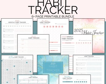 May include: A printable habit tracker bundle with a blue and gold marble background. The bundle includes a monthly, weekly, and daily habit tracker, as well as a 30-day habit tracker. The text "The Ultimate Habit Tracker" is at the top of the image.