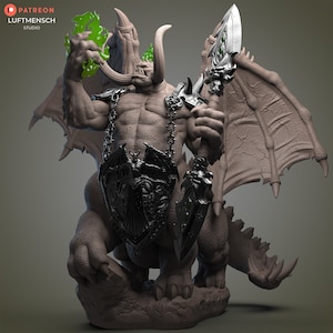 May include: A gray, winged demon statue with a large, horned head, holding a silver sword with green accents. The demon is wearing a black chainmail and a black shield with a winged design.