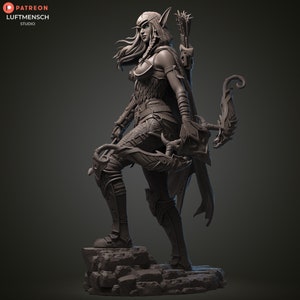 May include: A detailed statue of an archer elf, poised with a bow and arrow. The figure is clad in ornate armour and stands on a rocky base. The image includes the text "PATREON LUFTSCH STUDIO".