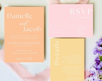 May include: A peach and yellow wedding invitation suite with the names Danielle and Jacob, the date Saturday June 26th 20XX, and the text "RSVP by May 20th 20XX".