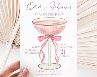 May include: Pink wedding invitation with a champagne flute illustration and the text "Emma Johnson is tying the knot" and "Join us September 21 at Ham".