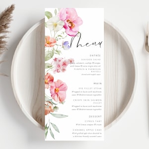 Menu de mariage fleurs sauvages, modèle de menu de mariage floral Garden Party pastel, numéros de table, menu de réception, mariage bohème, couleur de mariage au coucher du soleil